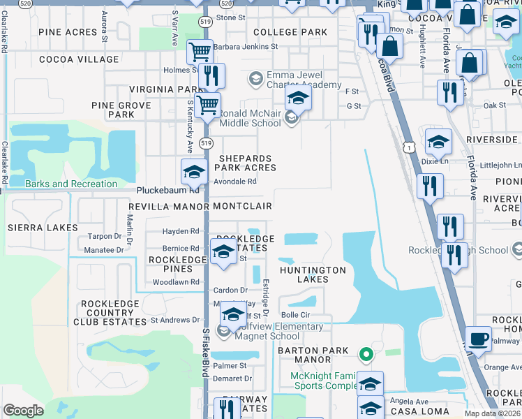 map of restaurants, bars, coffee shops, grocery stores, and more near 973 Pinson Boulevard in Rockledge