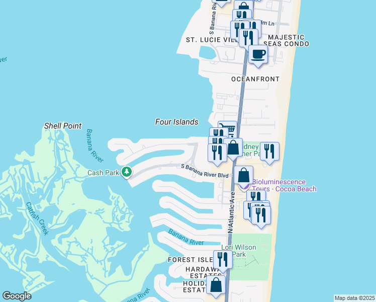 map of restaurants, bars, coffee shops, grocery stores, and more near 300 South Banana River Boulevard in Cocoa Beach