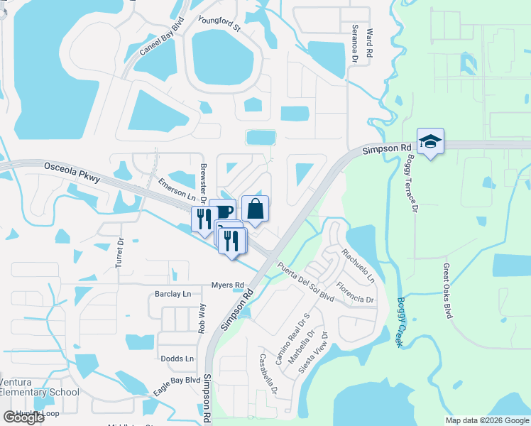 map of restaurants, bars, coffee shops, grocery stores, and more near 2830 Paynes Prairie Circle in Kissimmee