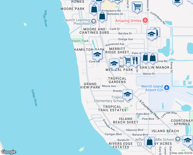 map of restaurants, bars, coffee shops, grocery stores, and more near 730 Sara Jane Lane in Merritt Island