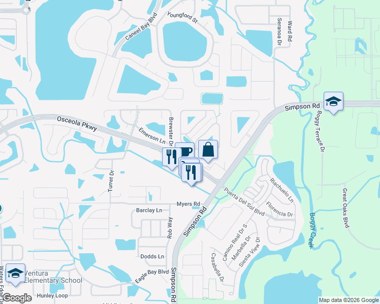 map of restaurants, bars, coffee shops, grocery stores, and more near 2801 East Osceola Parkway in Kissimmee