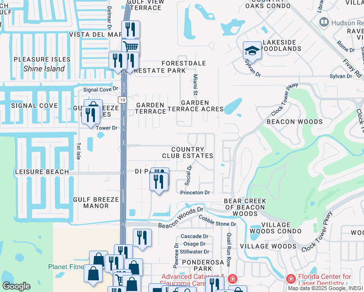 map of restaurants, bars, coffee shops, grocery stores, and more near 7219 Country Club Drive in Hudson