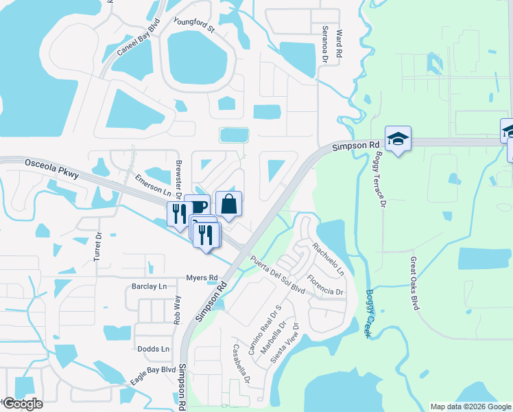 map of restaurants, bars, coffee shops, grocery stores, and more near 2921 Boggy Creek Road in Kissimmee