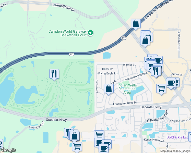 map of restaurants, bars, coffee shops, grocery stores, and more near 3204 Owassa Court in Kissimmee