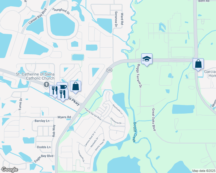 map of restaurants, bars, coffee shops, grocery stores, and more near 2972 Boggy Creek Road in Kissimmee