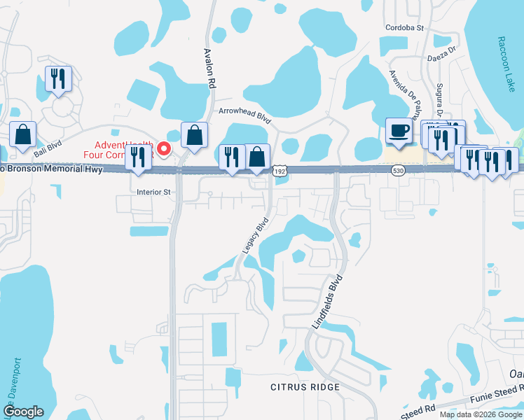 map of restaurants, bars, coffee shops, grocery stores, and more near 3212 Cupid Place in Kissimmee
