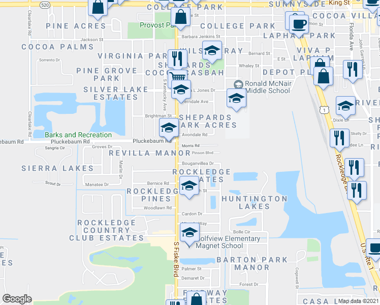 map of restaurants, bars, coffee shops, grocery stores, and more near 992 Pinson Boulevard in Rockledge