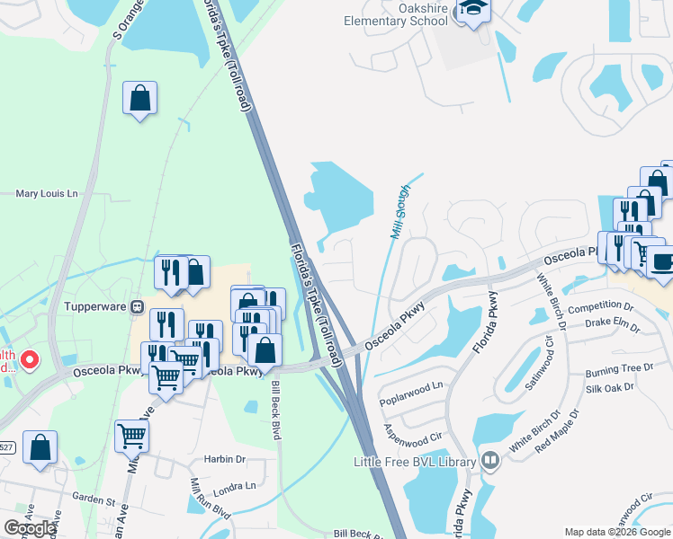 map of restaurants, bars, coffee shops, grocery stores, and more near 116 Cattail Court in Kissimmee