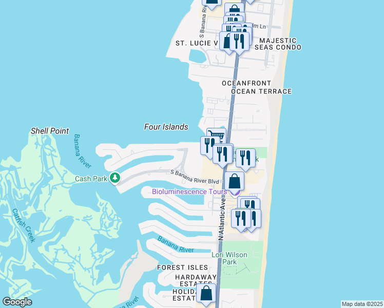 map of restaurants, bars, coffee shops, grocery stores, and more near 125 Bimini Road in Cocoa Beach