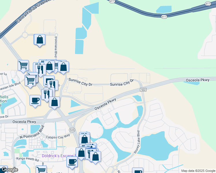 map of restaurants, bars, coffee shops, grocery stores, and more near 4139 West Osceola Parkway in Kissimmee