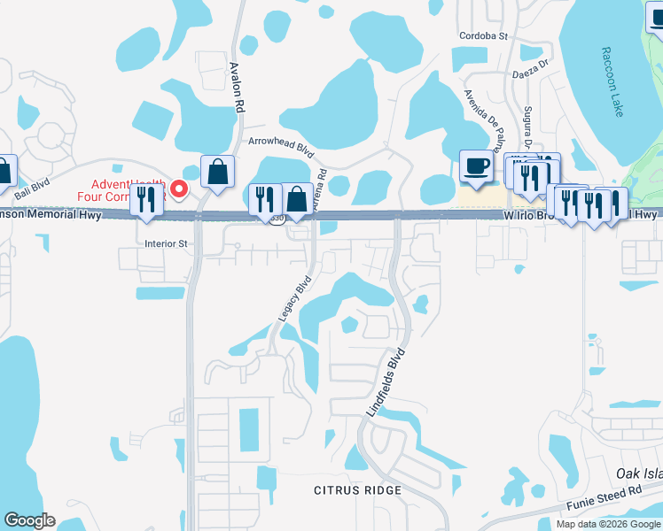 map of restaurants, bars, coffee shops, grocery stores, and more near 3200 Legacy Boulevard in Kissimmee