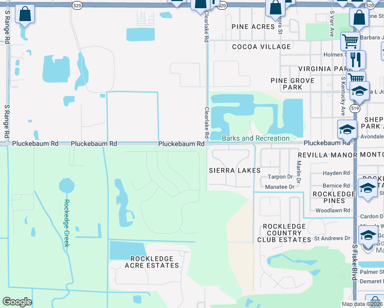 map of restaurants, bars, coffee shops, grocery stores, and more near 1255 Sangria Circle in Rockledge