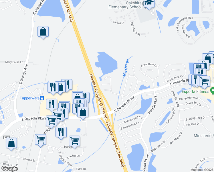 map of restaurants, bars, coffee shops, grocery stores, and more near 106 Windy Dune Court in Kissimmee