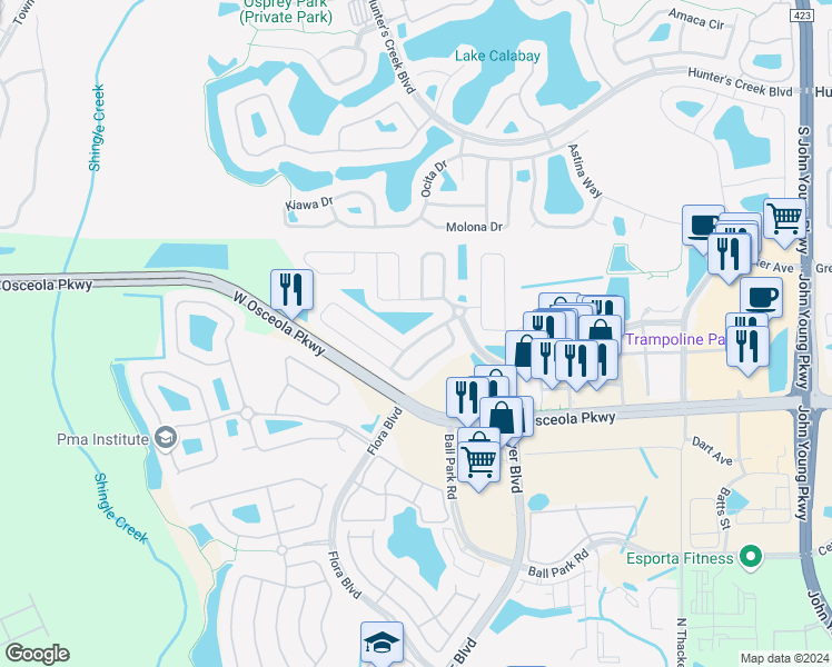 map of restaurants, bars, coffee shops, grocery stores, and more near 2719 Cranes Cove Drive in Kissimmee
