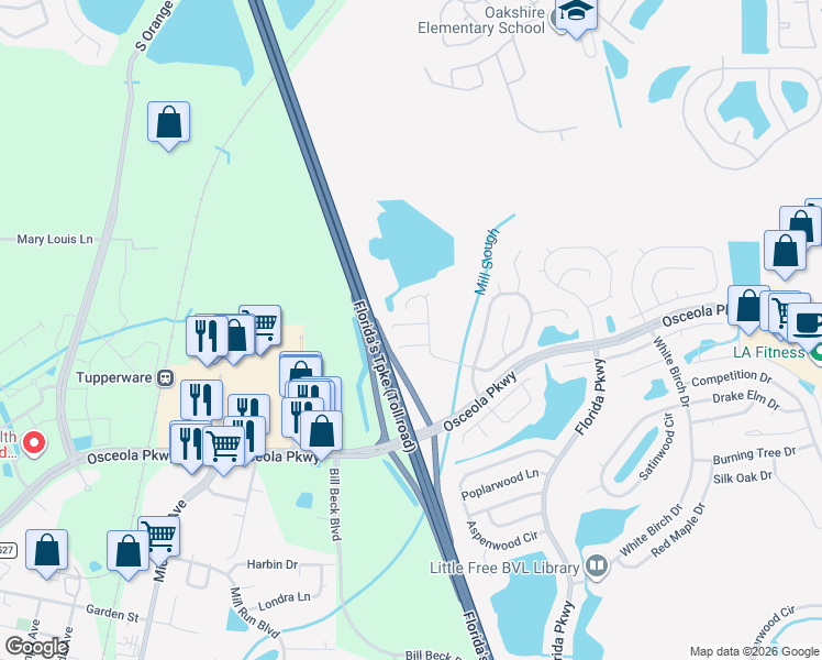 map of restaurants, bars, coffee shops, grocery stores, and more near 108 Windy Dune Court in Kissimmee
