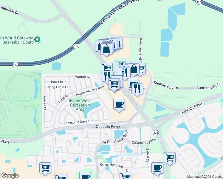 map of restaurants, bars, coffee shops, grocery stores, and more near 3271 Oxford Drive in Kissimmee