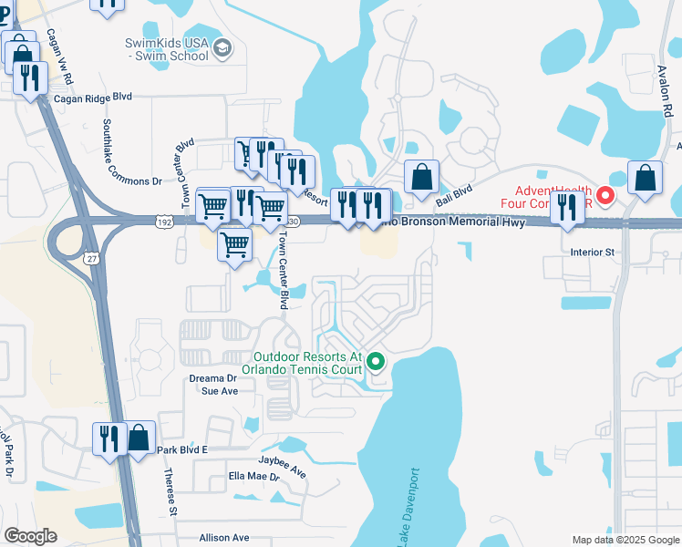 map of restaurants, bars, coffee shops, grocery stores, and more near 9400 U.S. 192 in Clermont