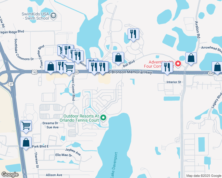 map of restaurants, bars, coffee shops, grocery stores, and more near 9200 West Irlo Bronson Memorial Highway in Clermont
