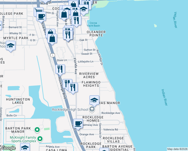 map of restaurants, bars, coffee shops, grocery stores, and more near 102 Hardee Drive in Rockledge