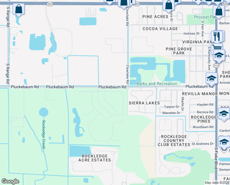 map of restaurants, bars, coffee shops, grocery stores, and more near 1577 Pluckebaum Road in Rockledge