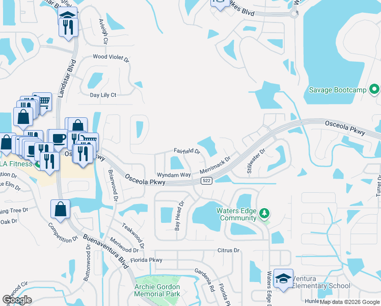 map of restaurants, bars, coffee shops, grocery stores, and more near 3117 Fairfield Drive in Kissimmee