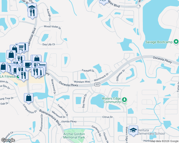 map of restaurants, bars, coffee shops, grocery stores, and more near 3117 Fairfield Drive in Kissimmee