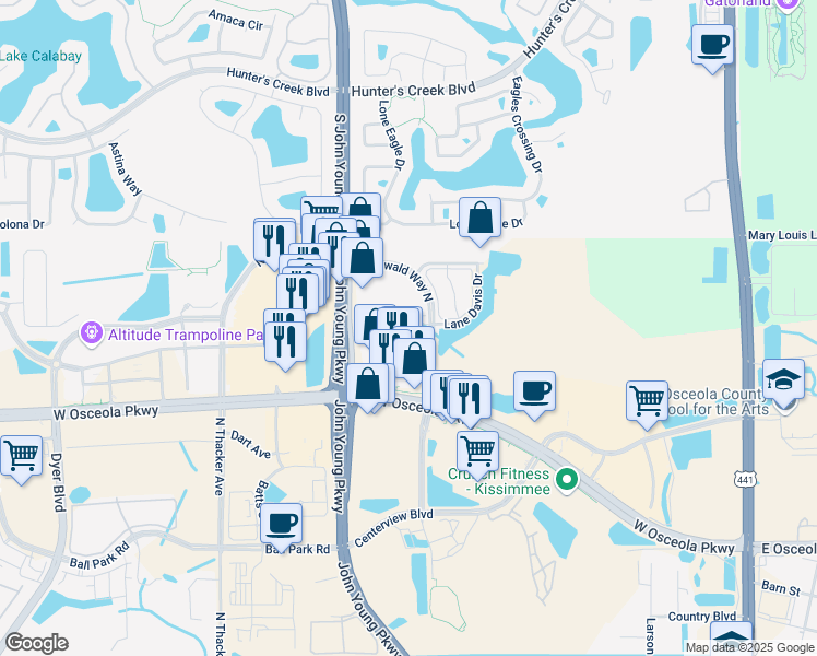 map of restaurants, bars, coffee shops, grocery stores, and more near 1301 Santa Rosa Drive in Kissimmee