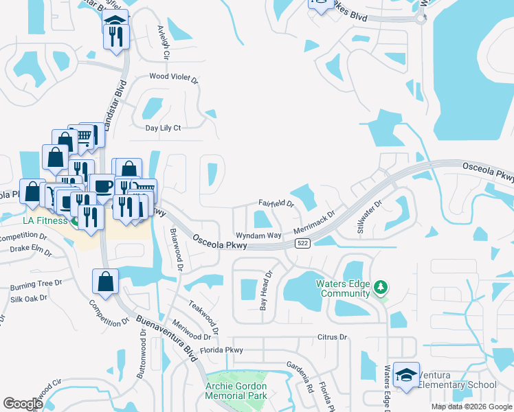map of restaurants, bars, coffee shops, grocery stores, and more near 3136 Fairfield Drive in Kissimmee