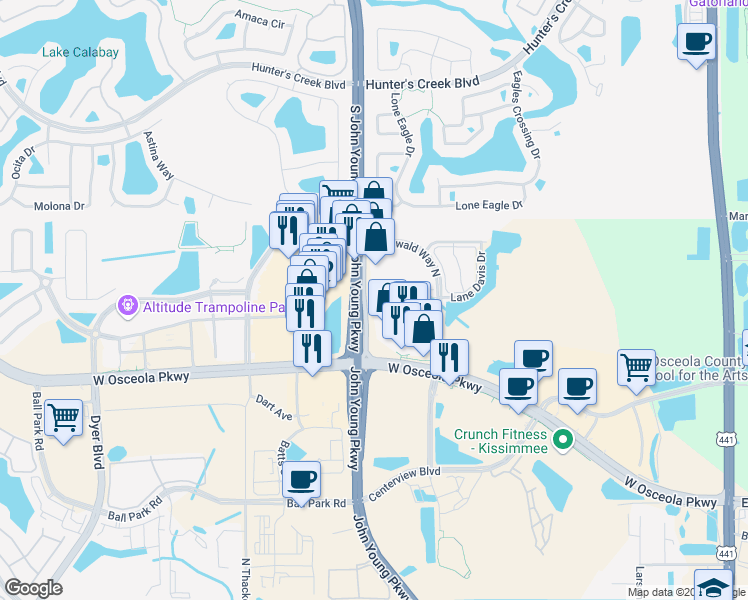 map of restaurants, bars, coffee shops, grocery stores, and more near 1316 Santa Rosa Drive in Kissimmee
