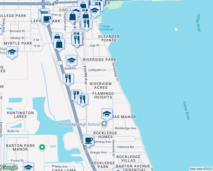 map of restaurants, bars, coffee shops, grocery stores, and more near 102 Hardee Drive in Rockledge