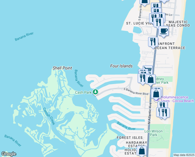 map of restaurants, bars, coffee shops, grocery stores, and more near 235 Andros Avenue in Cocoa Beach