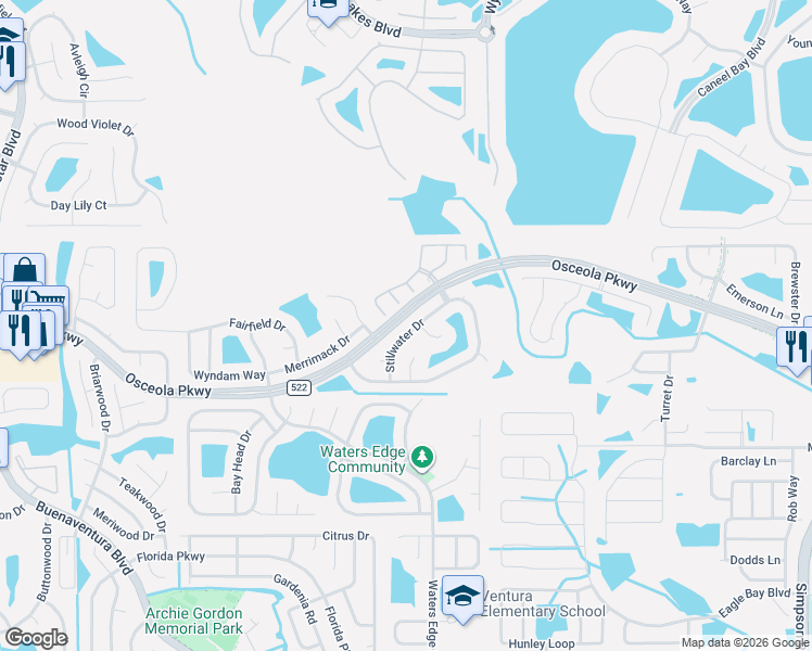 map of restaurants, bars, coffee shops, grocery stores, and more near 3100 Landsend Court in Kissimmee
