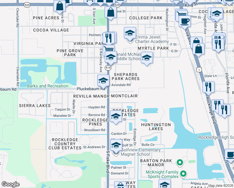 map of restaurants, bars, coffee shops, grocery stores, and more near 1008 South Fiske Boulevard in Rockledge