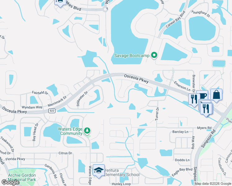 map of restaurants, bars, coffee shops, grocery stores, and more near 3261 Hunters Chase Loop in Kissimmee