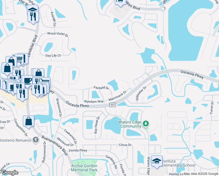 map of restaurants, bars, coffee shops, grocery stores, and more near 3117 Fairfield Drive in Kissimmee