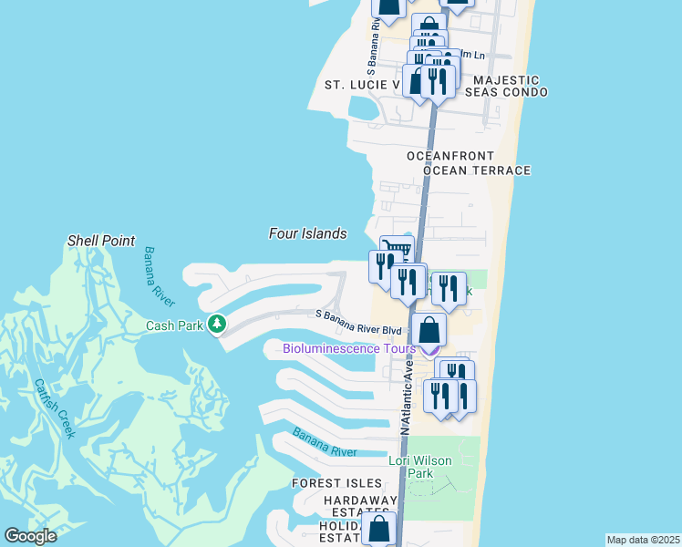 map of restaurants, bars, coffee shops, grocery stores, and more near 2001 South Banana River Boulevard in Cocoa Beach