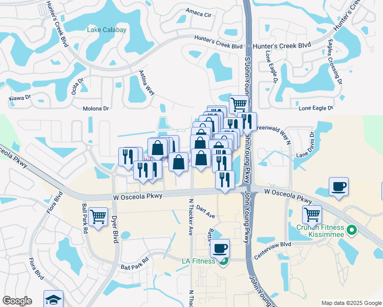 map of restaurants, bars, coffee shops, grocery stores, and more near Dyer Blvd & N Thacker Ave in Kissimmee