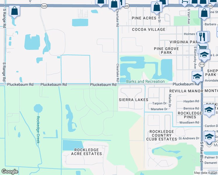 map of restaurants, bars, coffee shops, grocery stores, and more near 1215 Sangria Circle in Rockledge