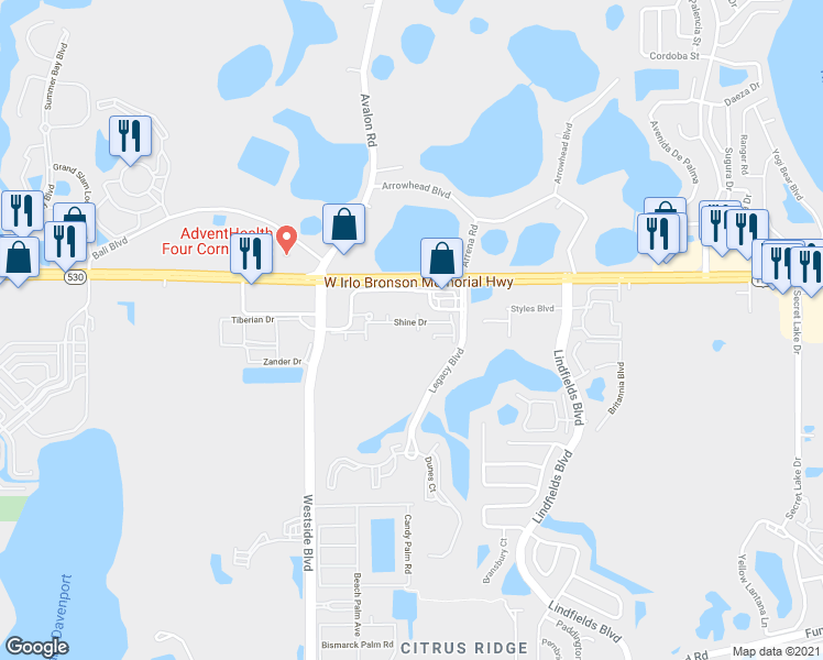 map of restaurants, bars, coffee shops, grocery stores, and more near 8971 Shine Drive in Kissimmee