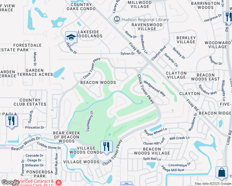 map of restaurants, bars, coffee shops, grocery stores, and more near 8020 Greenside Lane in Hudson