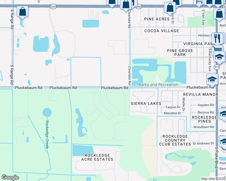 map of restaurants, bars, coffee shops, grocery stores, and more near 1577 Pluckebaum Road in Rockledge