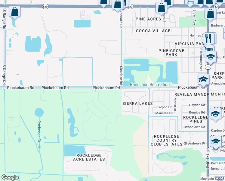 map of restaurants, bars, coffee shops, grocery stores, and more near 1215 Sangria Circle in Rockledge