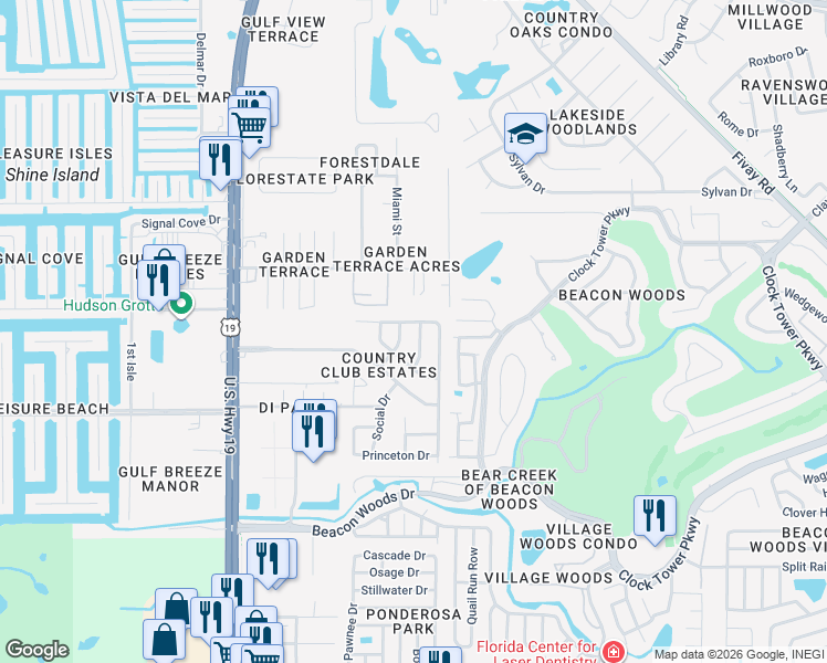 map of restaurants, bars, coffee shops, grocery stores, and more near 7404 University Drive in Hudson