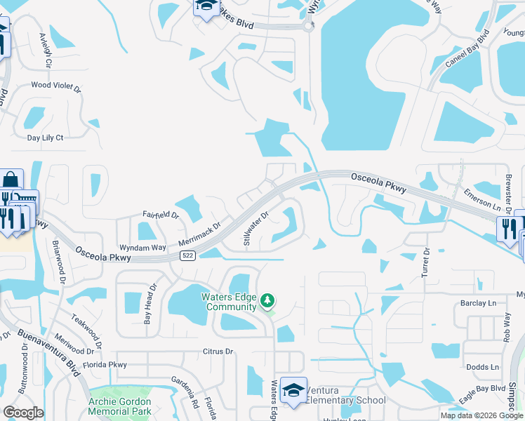 map of restaurants, bars, coffee shops, grocery stores, and more near 2986 Stillwater Drive in Kissimmee