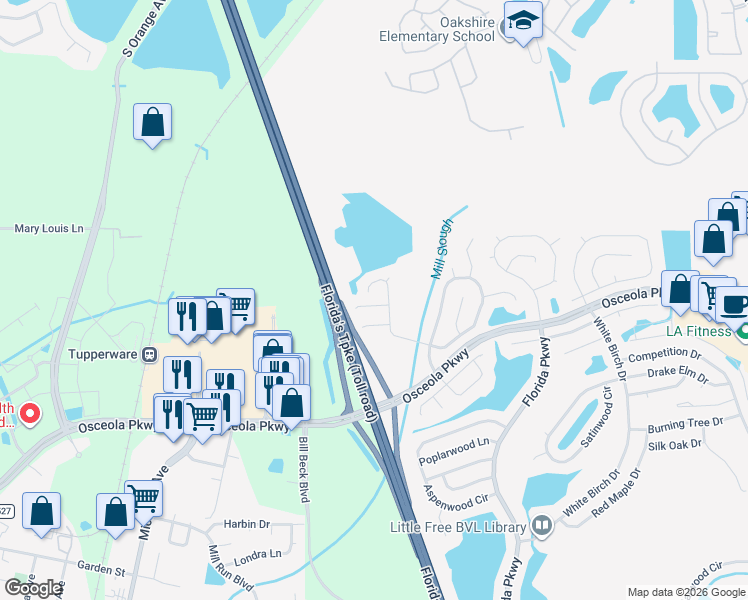 map of restaurants, bars, coffee shops, grocery stores, and more near 107 Windy Dune Court in Kissimmee