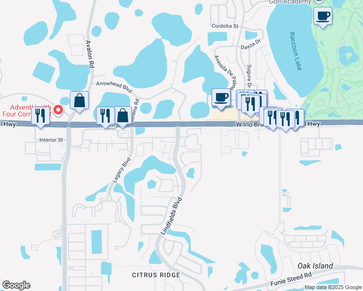 map of restaurants, bars, coffee shops, grocery stores, and more near 3210-3282 Lindfields Blvd in Kissimmee