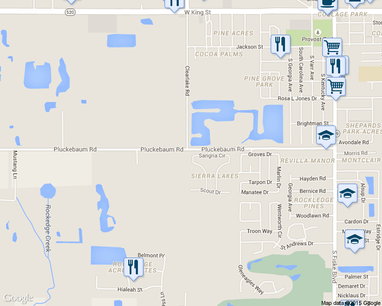 map of restaurants, bars, coffee shops, grocery stores, and more near 1215 Sangria Circle in Rockledge