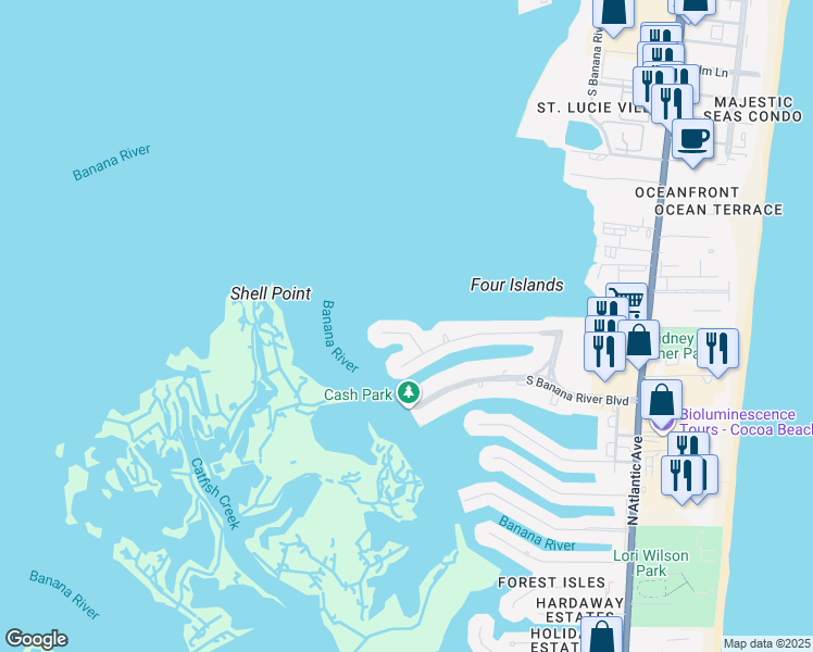 map of restaurants, bars, coffee shops, grocery stores, and more near 235 Andros Ave in Cocoa Beach