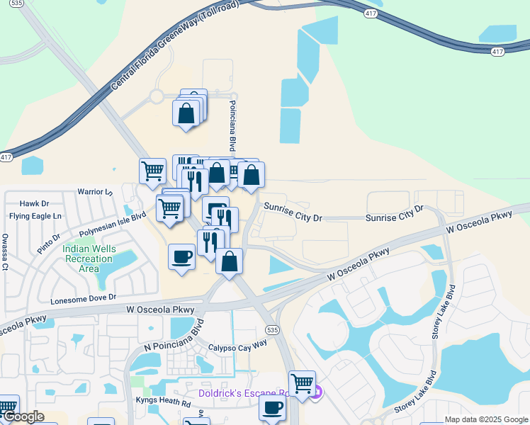map of restaurants, bars, coffee shops, grocery stores, and more near 4950 Lunar Lane in Kissimmee