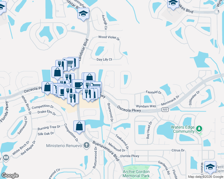 map of restaurants, bars, coffee shops, grocery stores, and more near 188 Pinewood Circle in Kissimmee